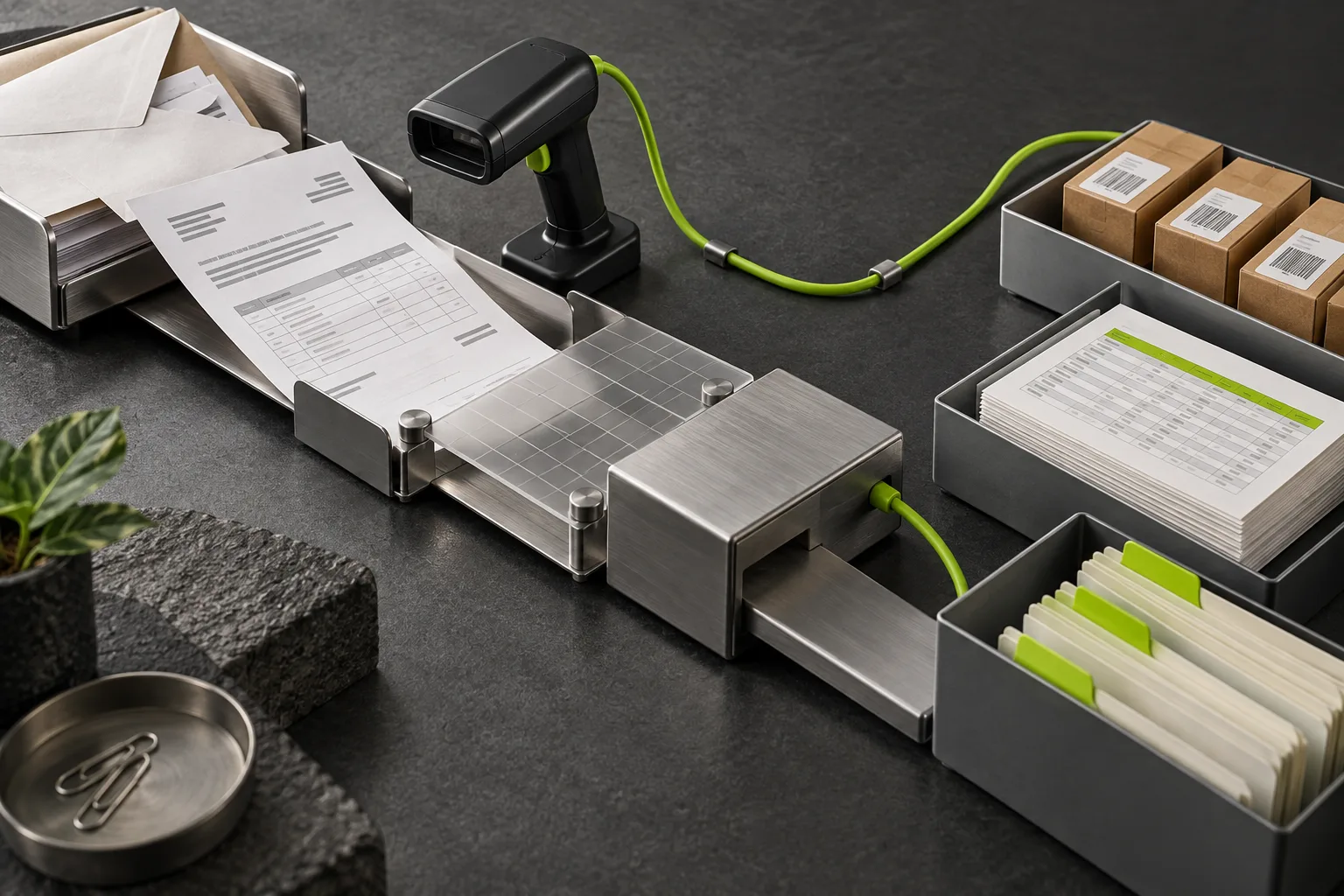 A purchase order moving through a physical automation system into organized outputs